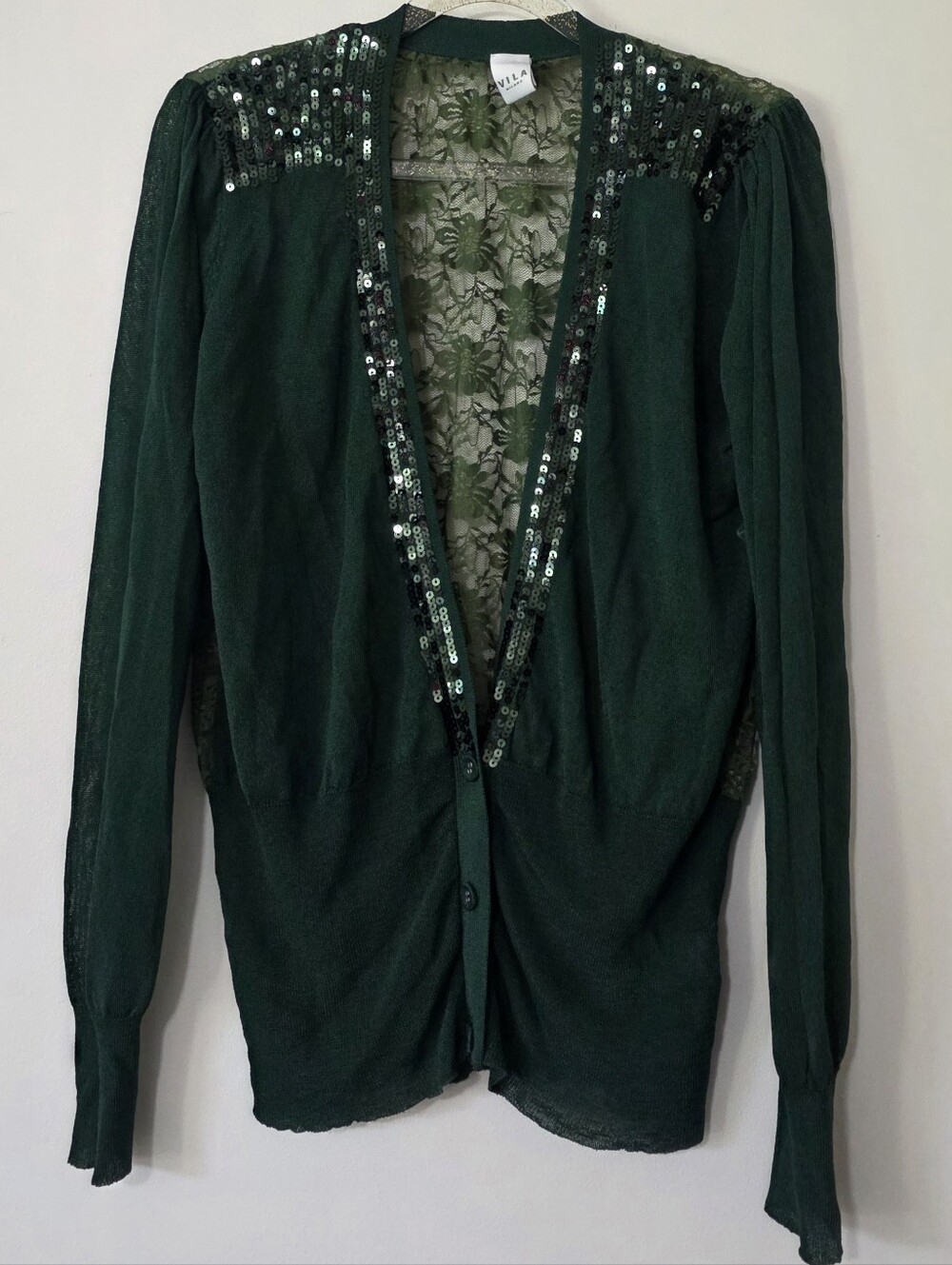 NWOT Deep Green Sequin & Lace Cardigan Romantic Goth Boho Glam Whimsigoth Medium